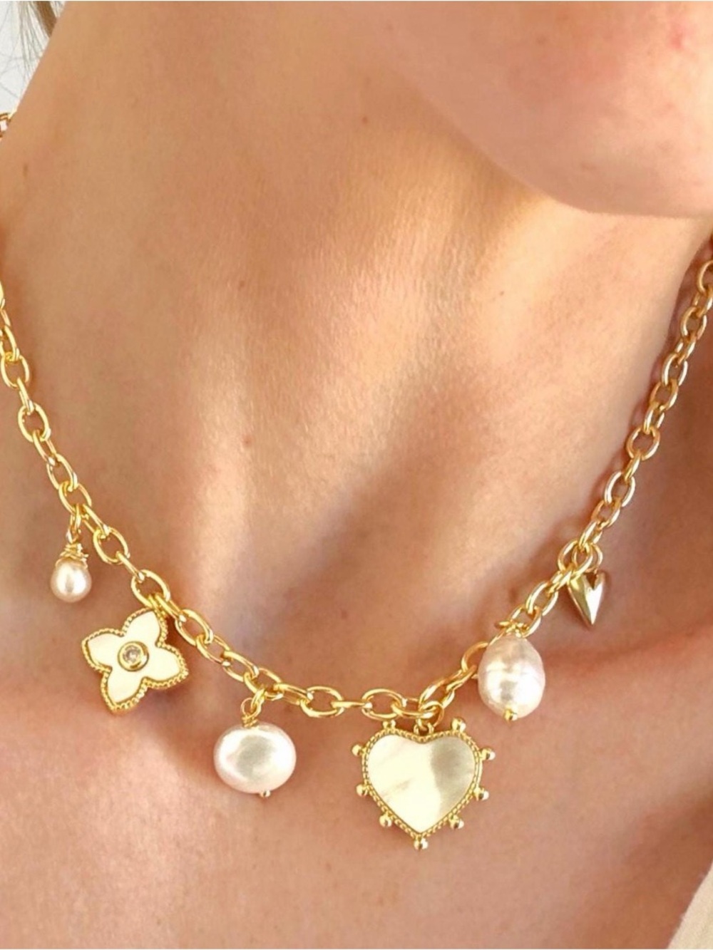 Gold Pearl Charm Necklace with Heart and Floral Pendants